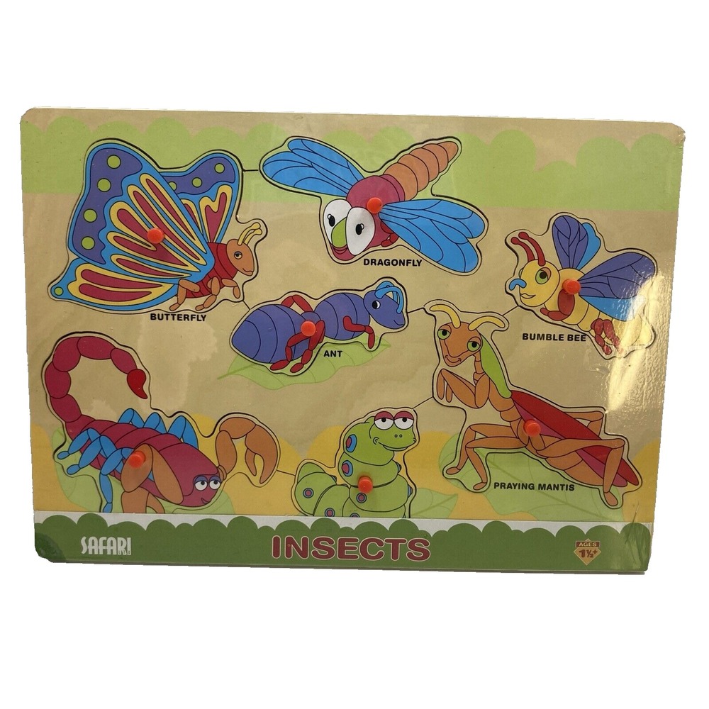 New Safari Insect Wooden Chunky 7 Piece Toddler Puzzle With Pegs 11.75"